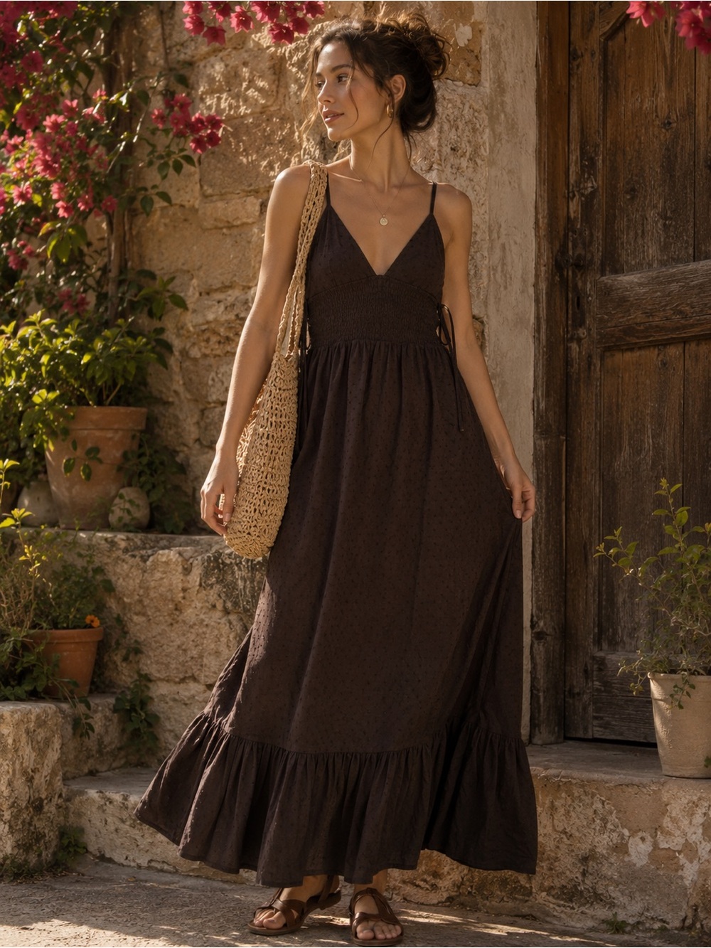 Forever 21 Brown Swiss Dot Smocked Maxi Dress Sleeveless Boho Cottagecore Medium - Picture 1 of 5